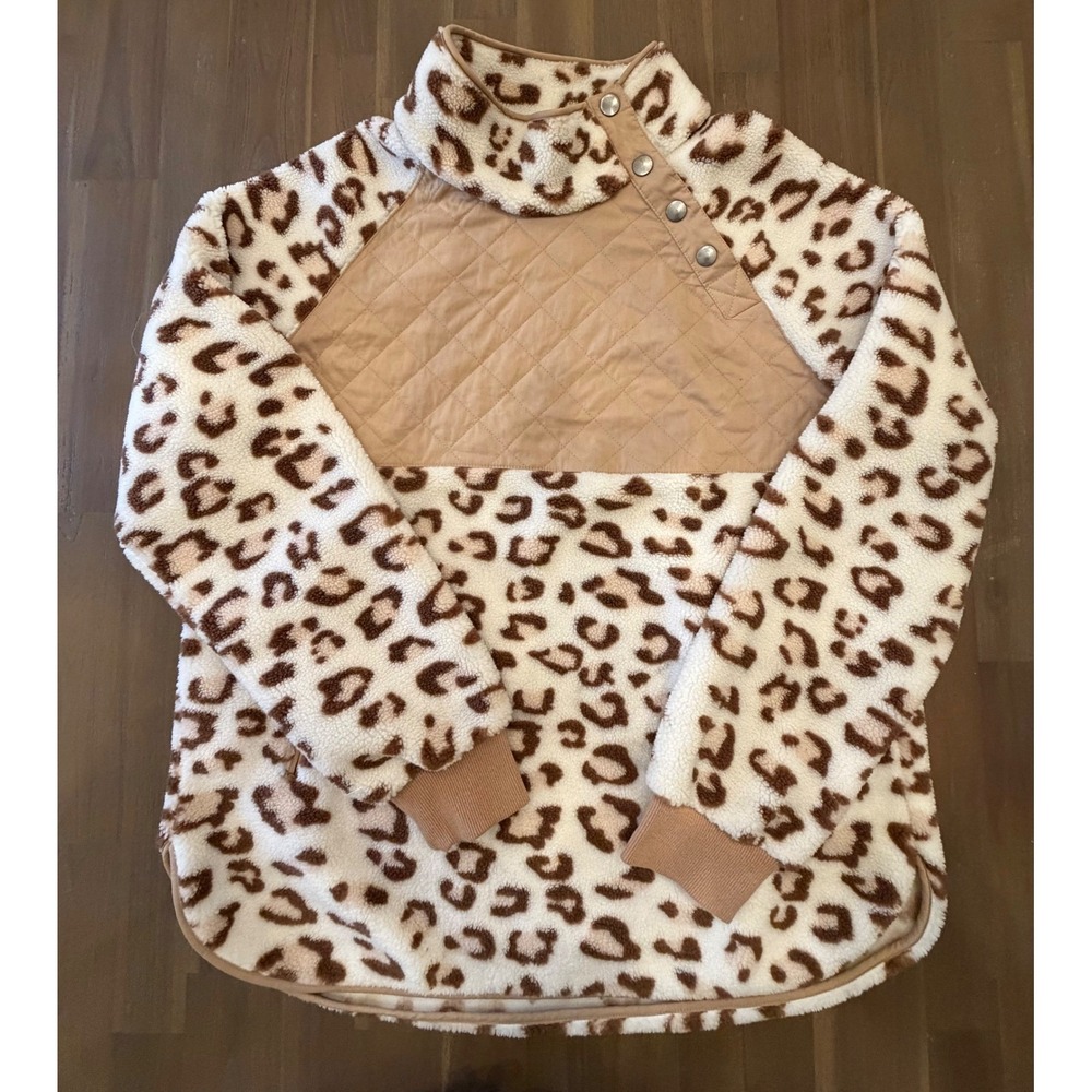 White Birch Leopard Print Sherpa Fleece Quilted Pullover‎ Sweatshirt Women's XL